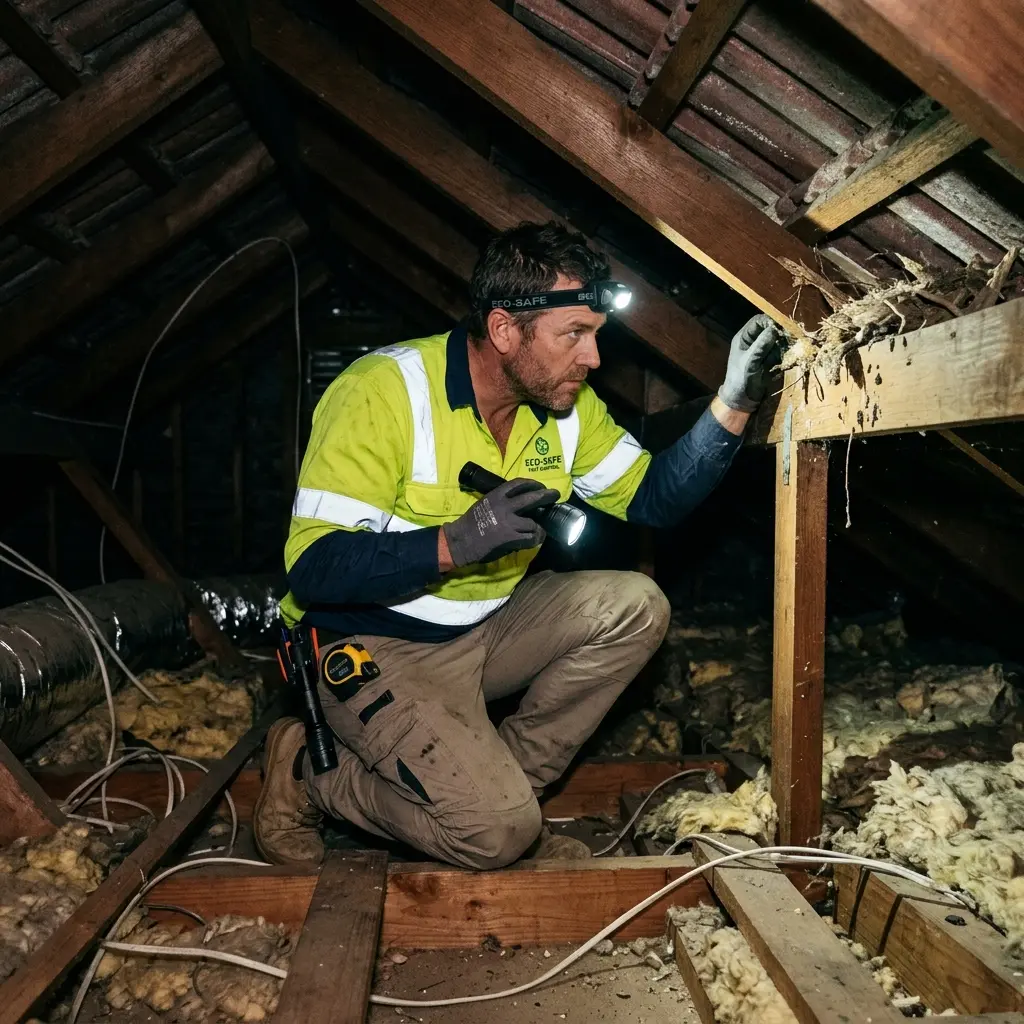 Technician inspecting a roof cavity for a dead animal in Research