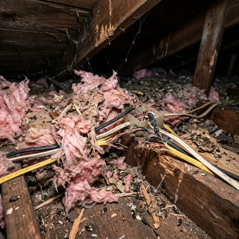 Contaminated ceiling insulation being assessed in a Research roof space