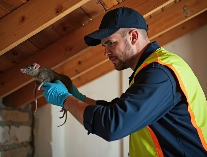 Technician inspecting a roof cavity for a dead rat in Research